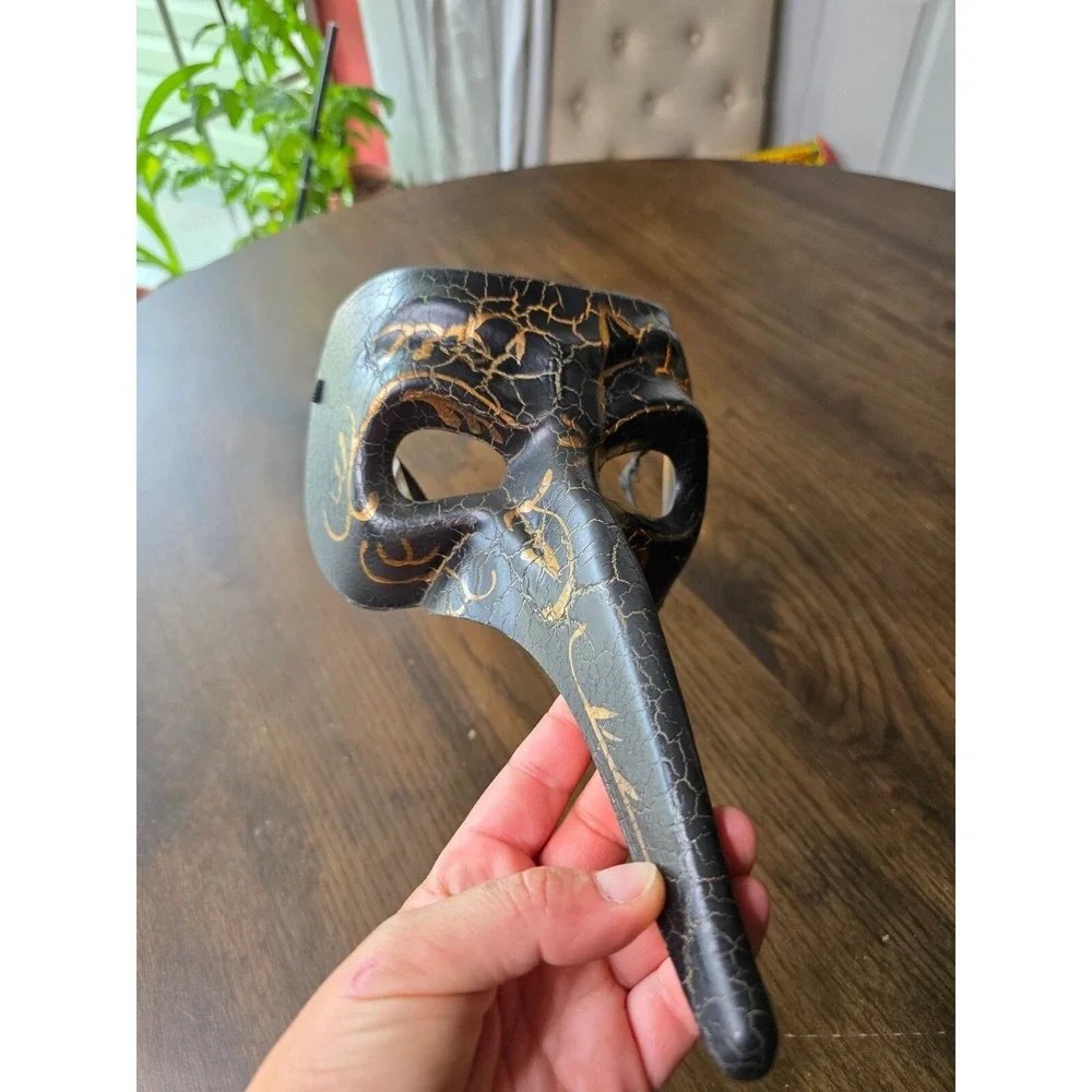 Black & Gold Crackle Plague Doctor Mask With Long Nose & Elastic Strap